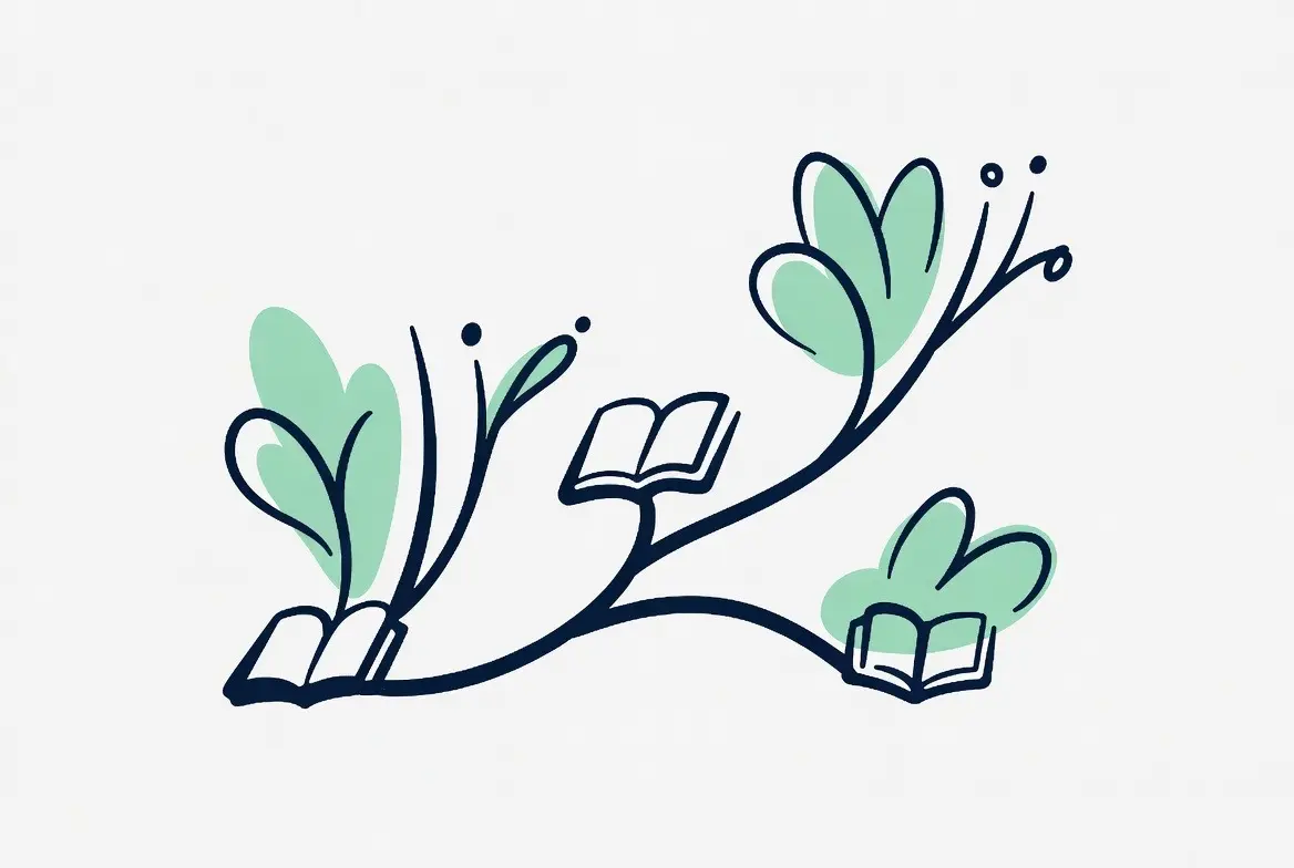 Minimalistyczna ilustracja przedstawiająca rękę z otwartymi książkami i zielonymi liśćmi, symbolizująca ciągłą drogę rozwoju zawodowego, edukację i wiedzę w psychoterapii.