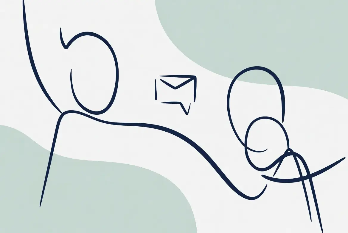 Minimalistyczna ilustracja dwóch abstrakcyjnych sylwetek w rozmowie z ikoną wiadomości między nimi, symbolizująca kontakt i otwartą komunikację na stronie kontaktowej.