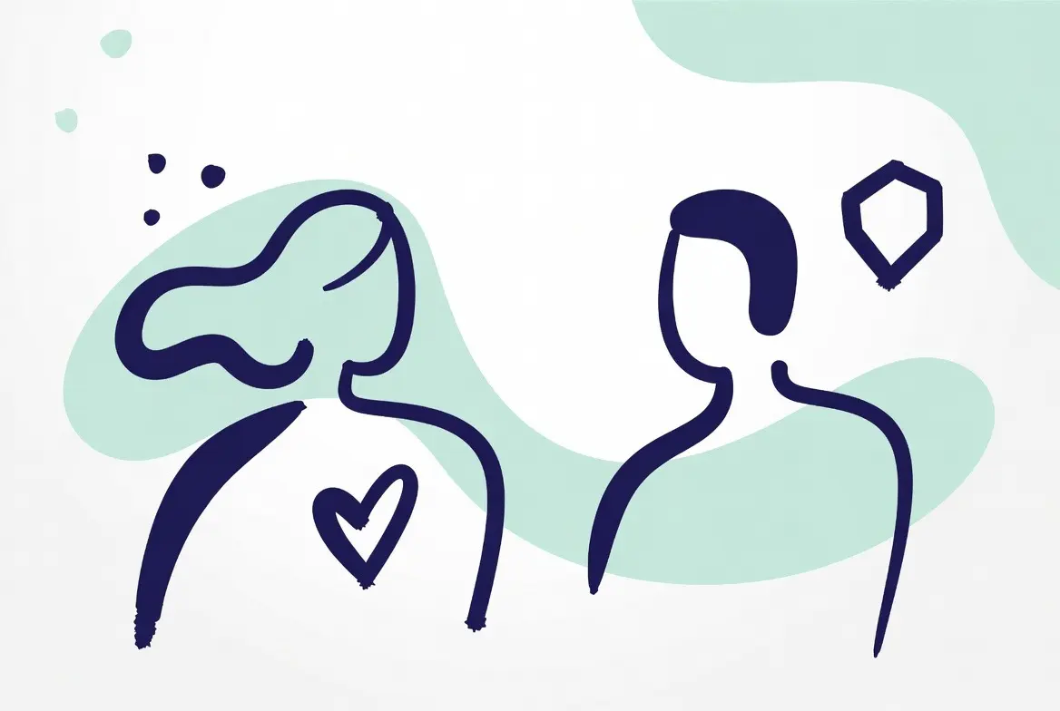 Minimalistyczna ilustracja przedstawiająca dwie abstrakcyjne sylwetki osób w dialogu – jedna z sercem, druga z symbolem myśli nad głową – symbolizująca bezpieczną relację terapeutyczną i emocjonalne wsparcie.
