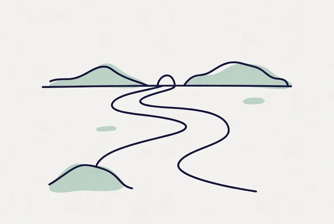 Minimalistyczna ilustracja przedstawiająca wijącą się ciemną ścieżkę prowadzącą przez zielone wzgórza, symbolizująca drogę do osiągania celów w coachingu kognitywnym.